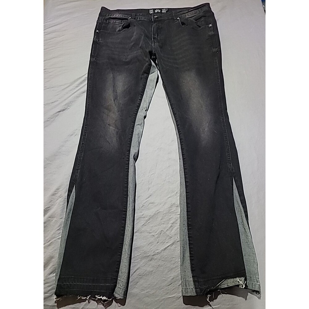 Rebel Vengeance Raw Edge Panel Black Jeans Skull Accents Mens Size 36